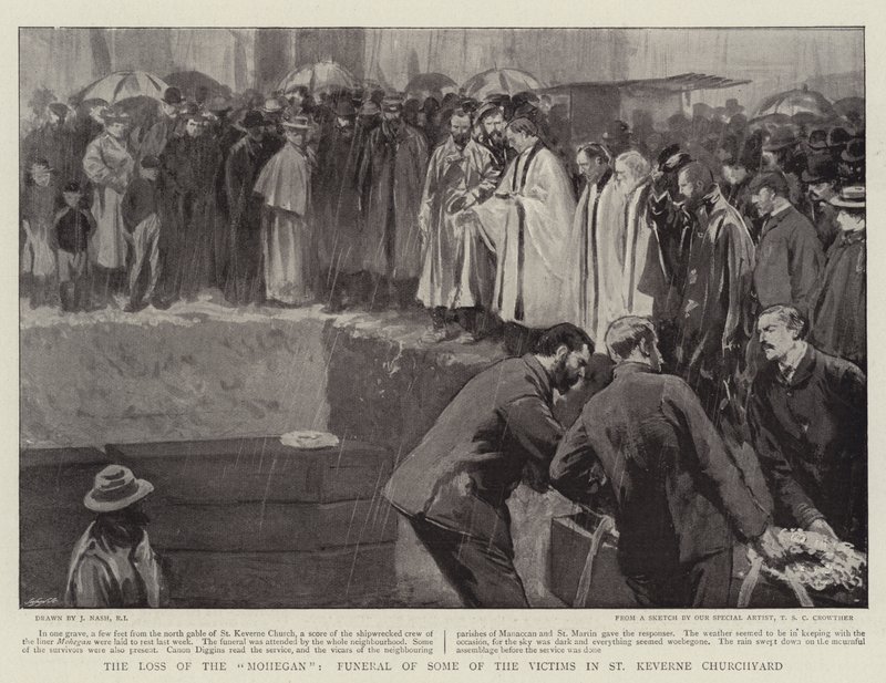 Der Verlust der Mohegan, Beerdigung einiger Opfer auf dem Friedhof von St. Keverne von Joseph Nash