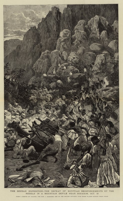 Die Sudan-Expedition, die Niederlage der ägyptischen Verstärkungen durch die Rebellen in einer Bergschlucht in der Nähe von Souakim, 18. Oktober von Joseph Nash