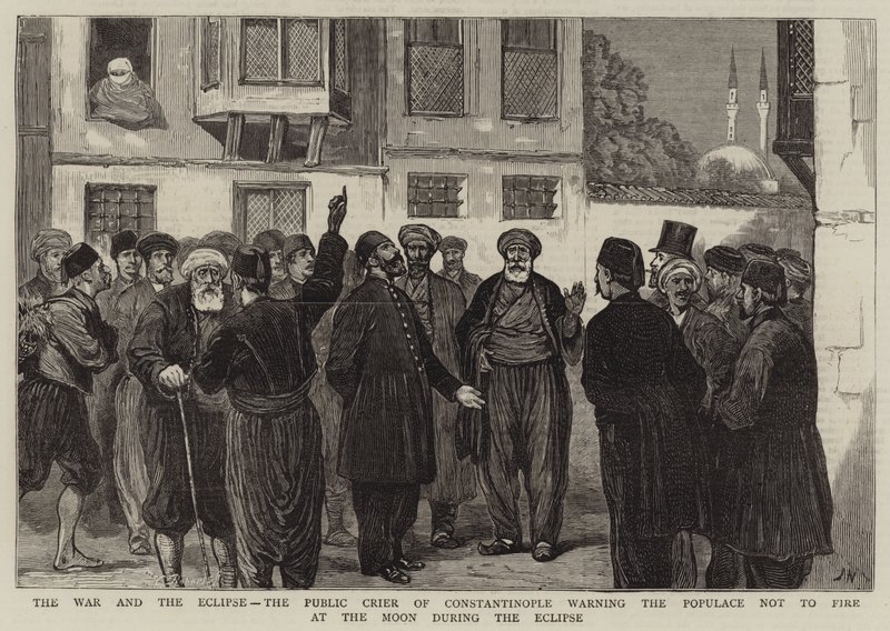 Der Krieg und die Sonnenfinsternis, der öffentliche Ausrufer von Konstantinopel warnt die Bevölkerung, nicht auf den Mond während der Finsternis zu schießen von Joseph Nash