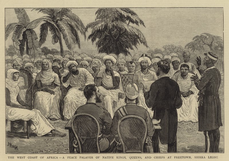 Die Westküste Afrikas, ein Friedenspalaver von einheimischen Königen, Königinnen und Häuptlingen in Freetown, Sierra Leone von Joseph Nash