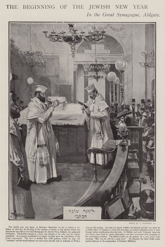 Feier des Beginns des jüdischen Neujahrs in der Großen Synagoge, Aldgate, London von Joseph (after) Finnemore