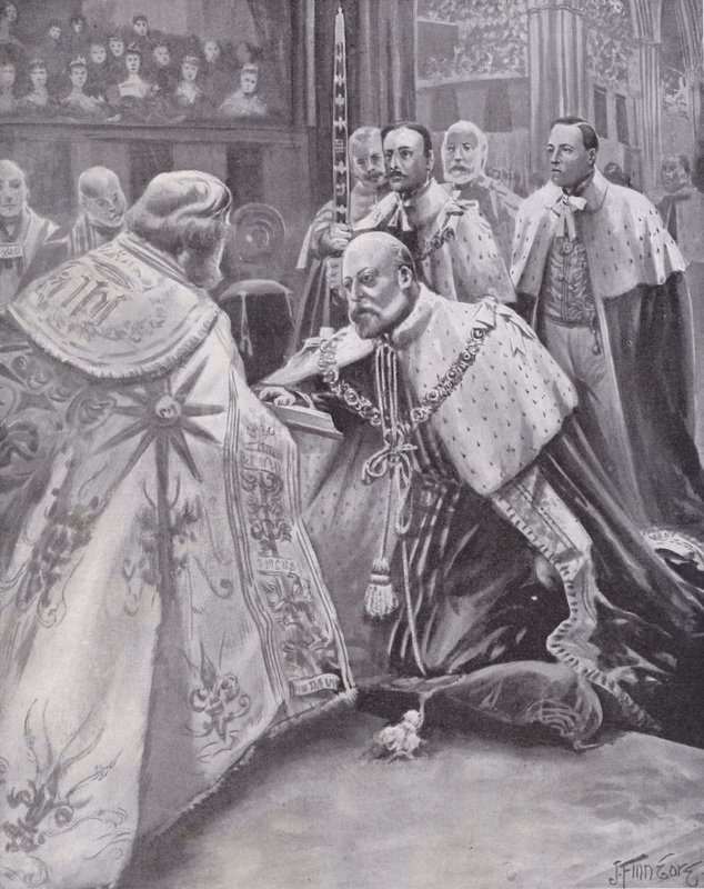 König Edward VII. legt den Eid bei seiner Krönung in der Westminster Abbey, London, ab von Joseph (after) Finnemore