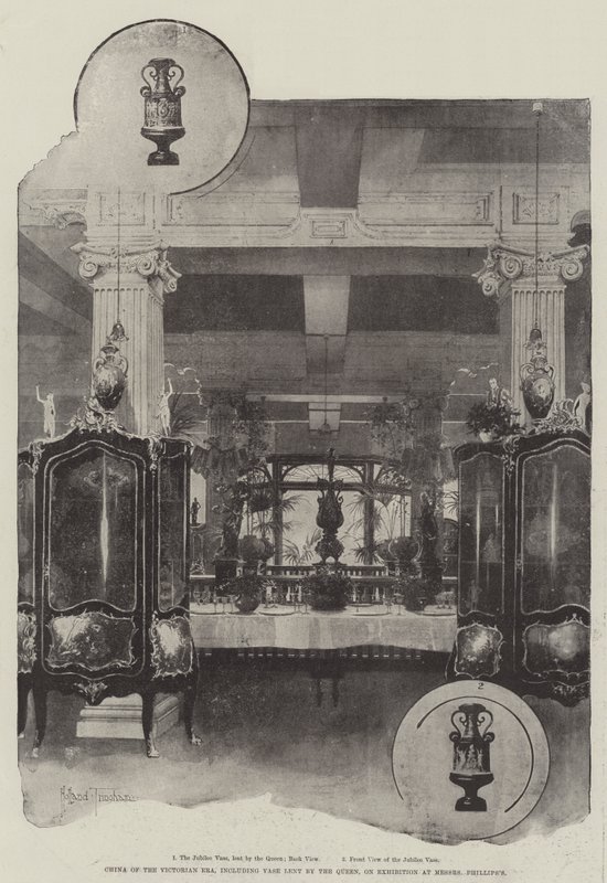 China der viktorianischen Ära, einschließlich Vase, geliehen von der Königin, ausgestellt bei Messers Phillips von Joseph Holland Tringham