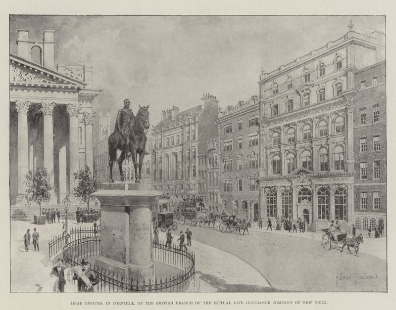 Hauptbüros in Cornhill, der britischen Niederlassung der Mutual Life Insurance Company of New York von Joseph Holland Tringham