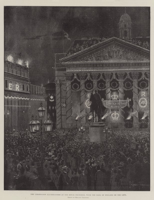 Die Krönungsbeleuchtung an der Royal Exchange, mit der Bank of England links von Joseph Holland Tringham
