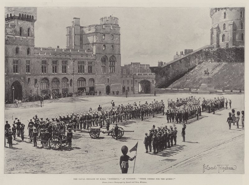 Die Marinebrigade der HMS Powerful in Windsor, Drei Hurra für die Königin! von Joseph Holland Tringham