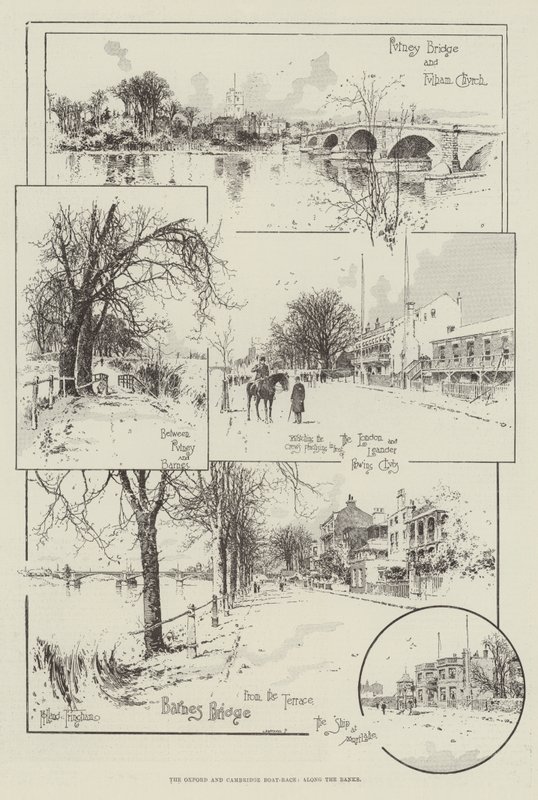 Das Oxford und Cambridge Bootsrennen, entlang der Ufer von Joseph Holland Tringham