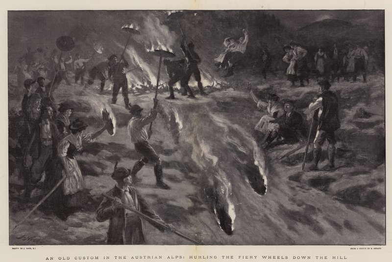 Ein alter Brauch in den österreichischen Alpen, das Feuerrad den Hügel hinunterrollen von Joseph Nash