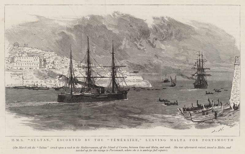 HMS Sultan, eskortiert von der Temeraire, verlässt Malta nach Portsmouth von Joseph Nash