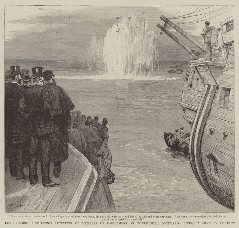 Lord George Hamiltons Empfang der Parlamentsmitglieder in der Werft von Portsmouth, Zündung einer Mine durch Kontakt von Joseph Nash