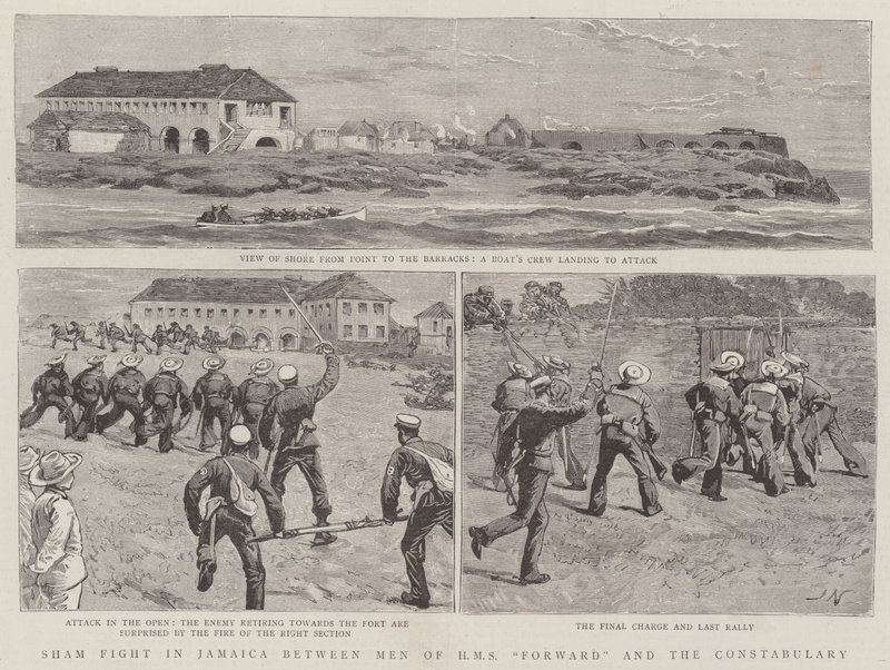 Scheinangriff in Jamaika zwischen Männern der HMS Forward und der Polizei von Joseph Nash