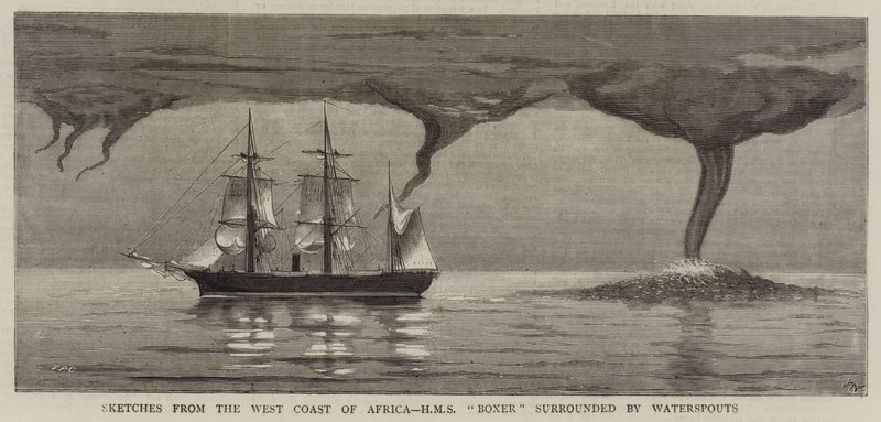 Skizzen von der Westküste Afrikas, HMS Boxer umgeben von Wasserhosen von Joseph Nash