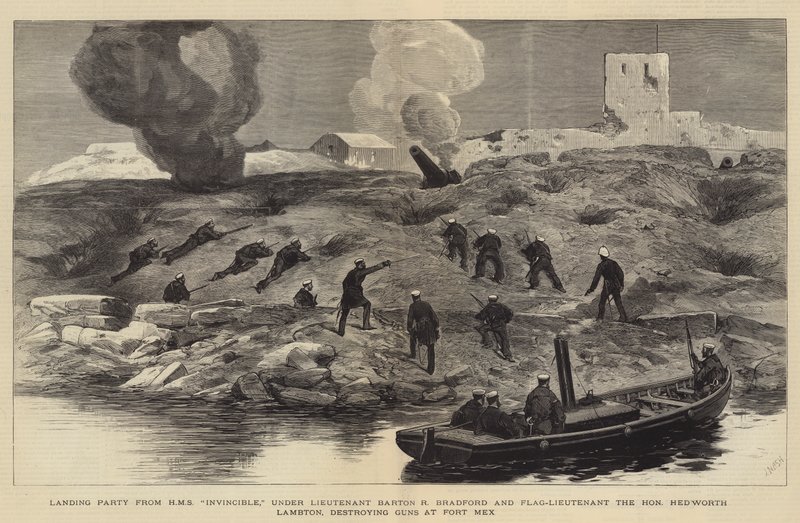 Die Bombardierung von Alexandria, Landungstrupp von HMS Invincible, unter Leutnant Barton R. Bradford und Flaggleutnant der Ehrenwerte Hedworth Lambton zerstören Kanonen bei Fort Mex von Joseph Nash