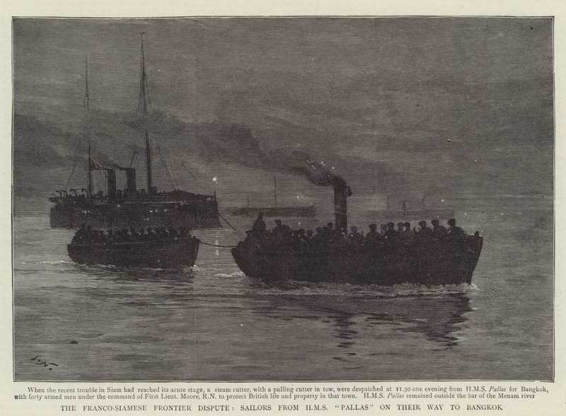 Der französisch-siamesische Grenzstreit, Matrosen von HMS Pallas auf dem Weg nach Bangkok von Joseph Nash
