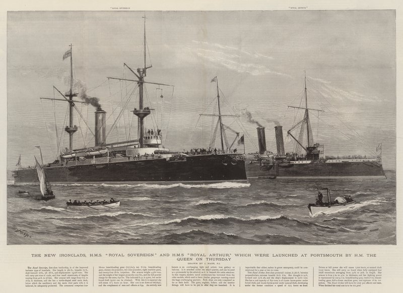 Die neuen Panzerschiffe, HMS Royal Sovereign und HMS Royal Arthur, die am Donnerstag von Ihrer Majestät der Königin in Portsmouth vom Stapel gelassen wurden von Joseph Nash