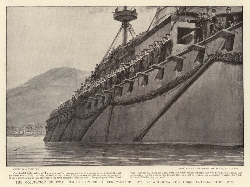 Die Besetzung von Volo, Matrosen auf dem griechischen Kriegsschiff Hydra beobachten die Türken beim Betreten der Stadt von Joseph Nash