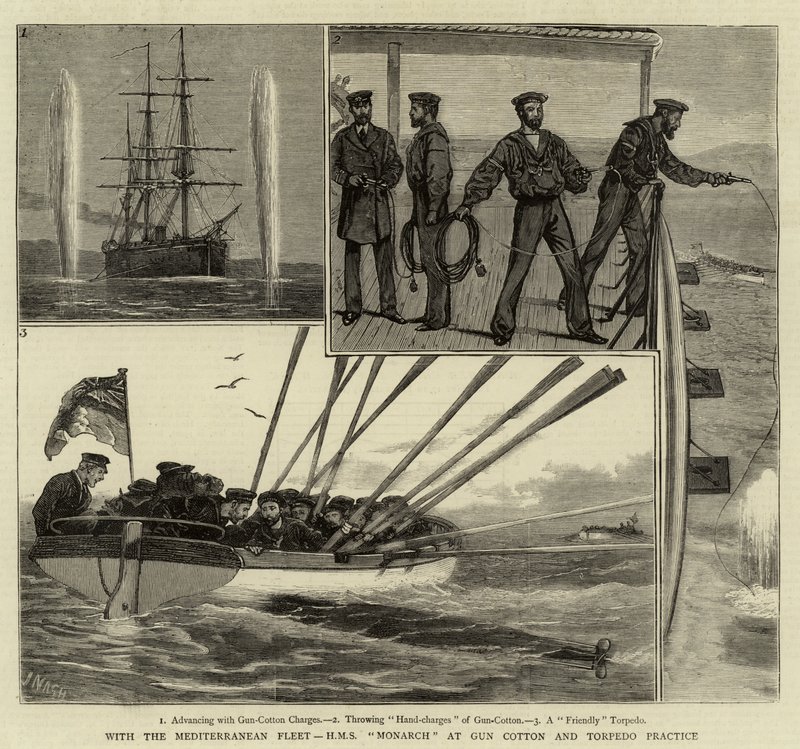 Mit der Mittelmeerflotte, H.M.S. Monarch bei Schieß- und Torpedoübungen von Joseph Nash