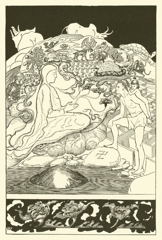 Pau Amma die Krabbe läuft weg, während der älteste Magier mit dem Mann und seiner kleinen Tochter spricht von Joseph Rudyard (after) Kipling