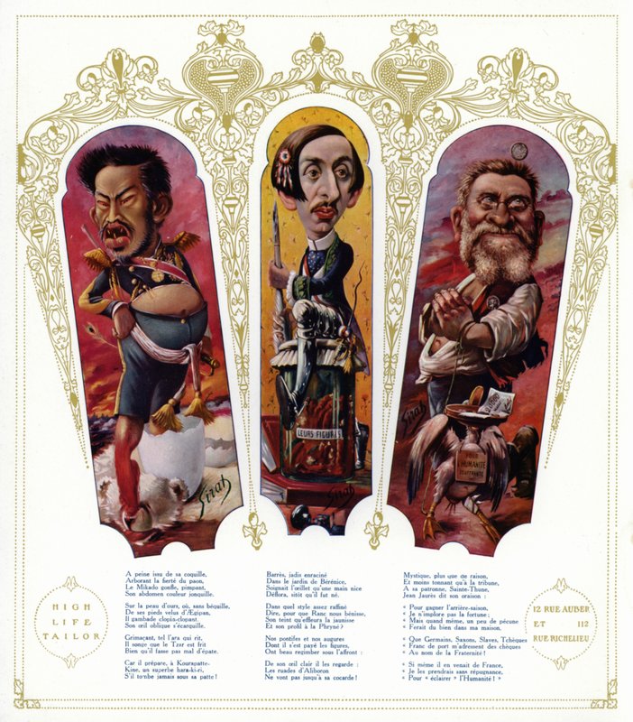 Karikaturen: Meiji-Kaiser von Japan; Maurice Barres, französischer Schriftsteller und nationalistischer Politiker; Jean Jaures, französischer Politiker von Joseph Sirat