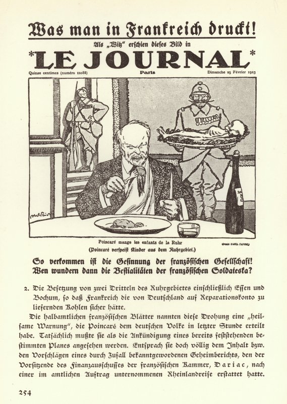 Deutsche Propaganda zeigt die Titelseite einer französischen Zeitung mit einer Karikatur, die Premierminister Raymond Poincare zeigt, wie er während der französischen Besetzung der Region die Kinder des Ruhrgebiets isst von Jules Abel Faivre
