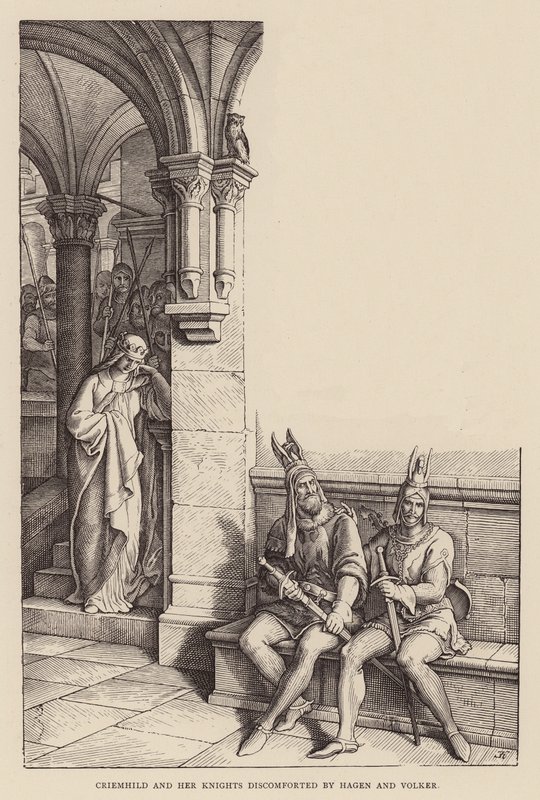 Criemhild und ihre Ritter von Hagen und Volker bedrängt (Gravur) von Julius (after) Schnorr von Carolsfeld