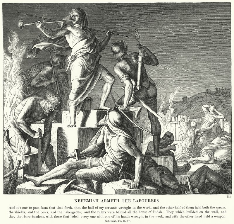 Nehemia bewaffnet die Arbeiter von Julius (after) Schnorr von Carolsfeld