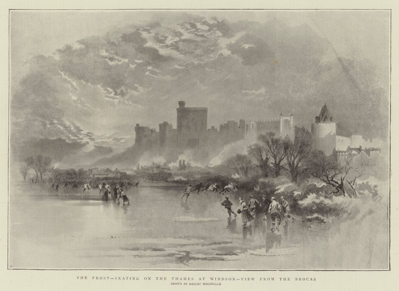 Der Frost, Schlittschuhlaufen auf der Themse bei Windsor, Blick vom Brocas von Keeley Halswelle