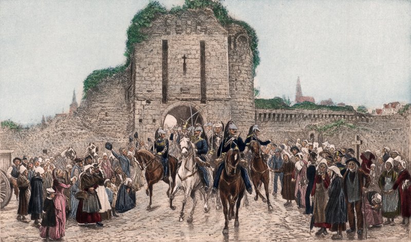 Kavallerie verlässt eine bretonische Stadt (farbige Photogravur) von Lady  Butler