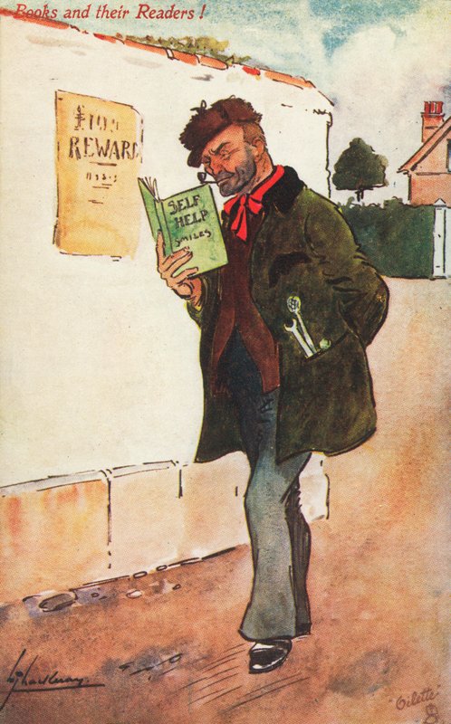 Arbeiter, der ein Selbsthilfebuch liest von Lance Thackeray
