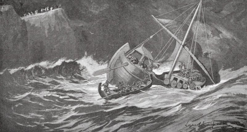 Das Holzschiff geriet in einen Sturm und die Mönche eilten ihm in kleinen Booten zu Hilfe von Lancelot Speed