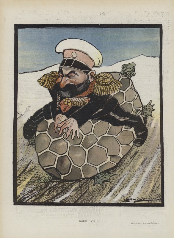 Aleksey Kuropatkin, russischer Kriegsminister. Illustration für Le Rire von Leal de Camara