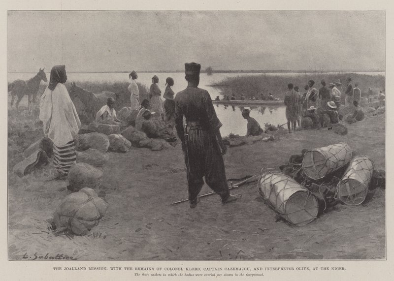 Die Joalland-Mission mit den Überresten von Oberst Klobb, Hauptmann Cazemajou und Dolmetscher Olive am Niger von Louis Remy Sabattier
