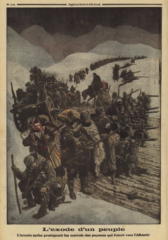 Exodus eines Volkes: Die serbische Armee schützt eine Kolonne von Bauern, die nach Albanien fliehen, Erster Weltkrieg von Louis Charles (after) Bombled