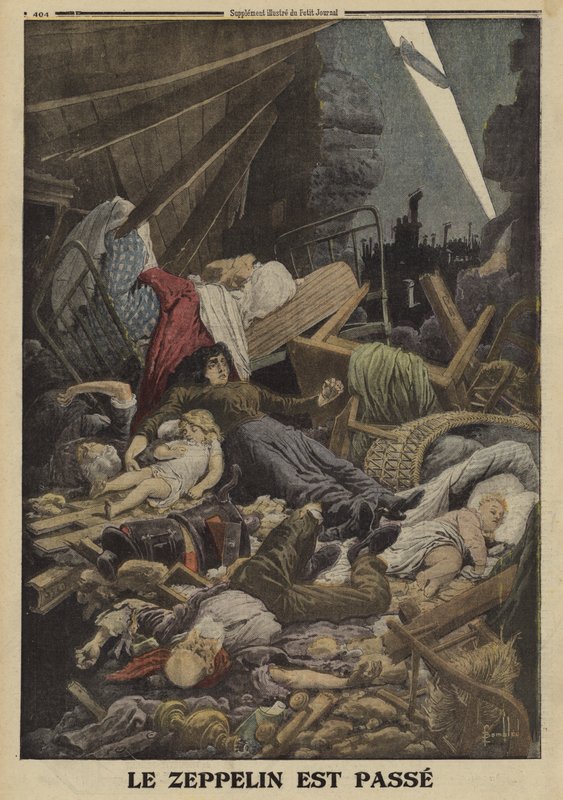 Familie bei einem Bombenangriff eines deutschen Zeppelins getötet, Erster Weltkrieg, 1916 von Louis Charles (after) Bombled