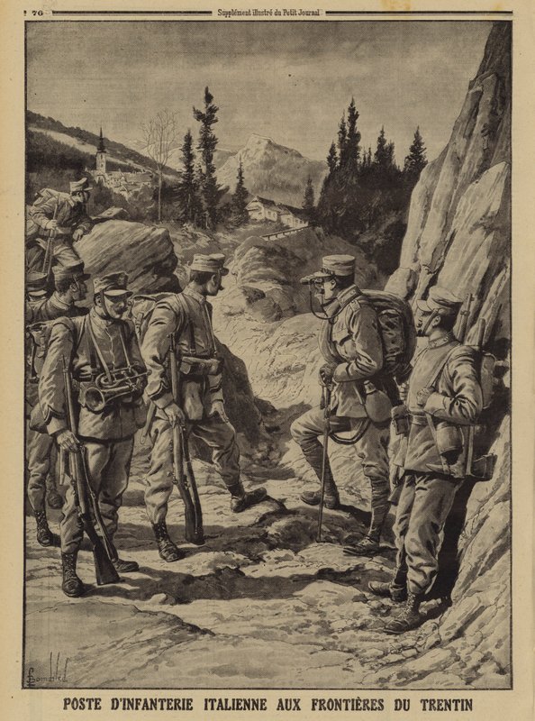 Italienischer Infanterieposten an der Grenze zu Trentino, Erster Weltkrieg von Louis Charles (after) Bombled