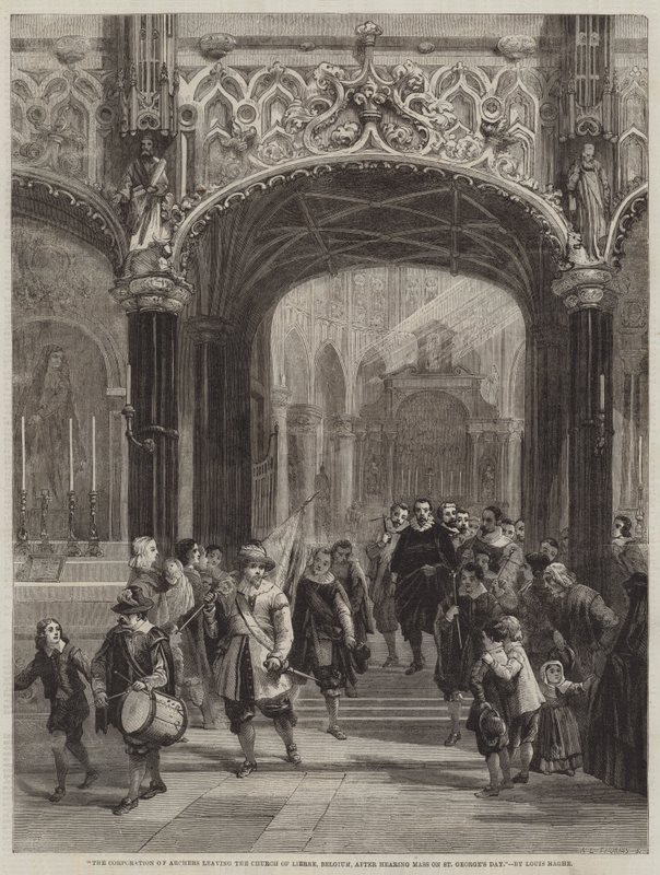 Die Gesellschaft der Bogenschützen verlässt die Kirche von Lierre, Belgien, nach der Messe am Georgstag von Louis Haghe