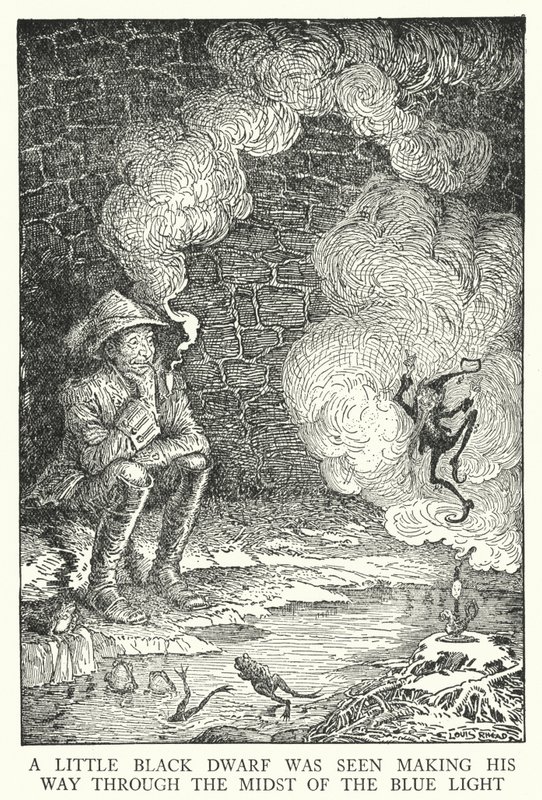 Ein kleiner schwarzer Zwerg wurde gesehen, wie er sich durch das blaue Licht bewegte von Louis John Rhead