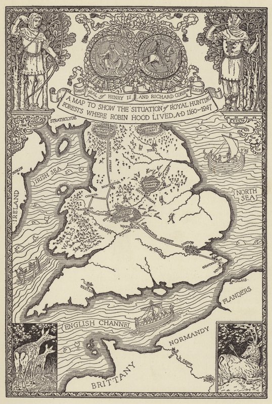 Eine Karte zur Darstellung der Lage der königlichen Jagdwälder, in denen Robin Hood lebte, 1160-1247 n. Chr. von Louis John Rhead
