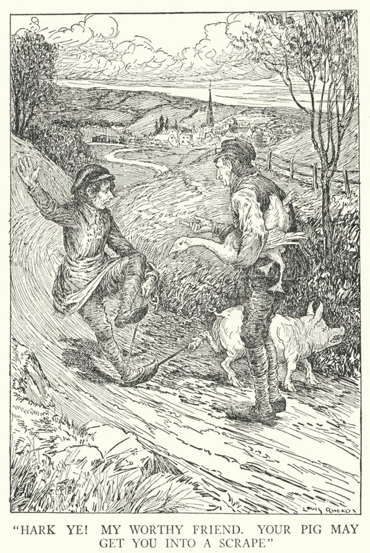 "Hört zu! Mein würdiger Freund, Ihr Schwein könnte Ihnen Ärger bereiten" (Lithografie) von Louis John Rhead