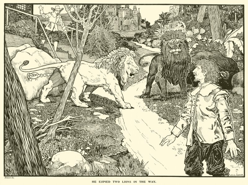 Er erspähte zwei Löwen auf dem Weg von Louis John Rhead