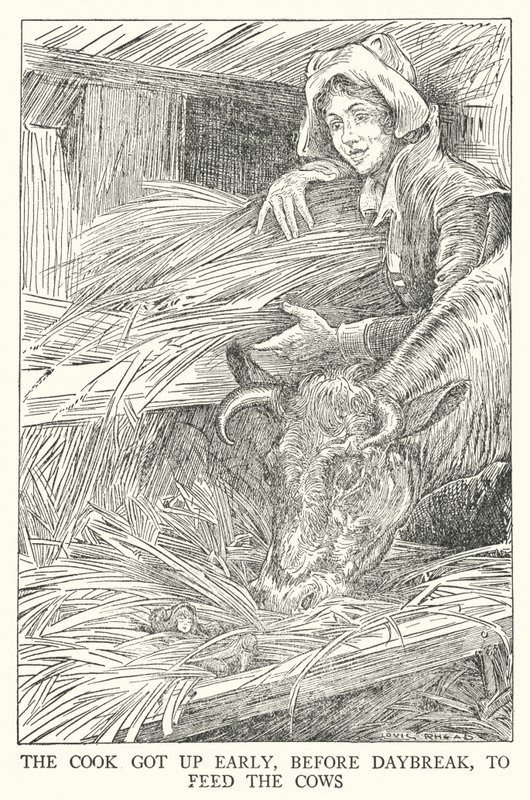 Der Koch stand früh auf, vor Tagesanbruch, um die Kühe zu füttern (Lithografie) von Louis John Rhead