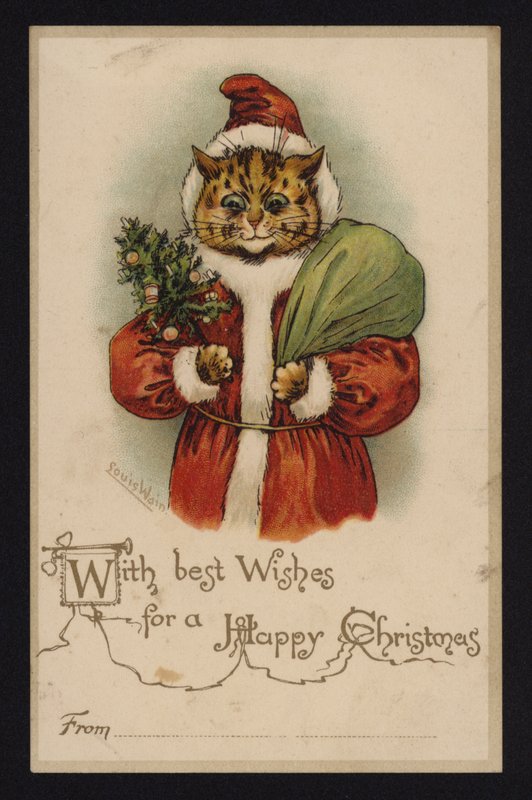 Katze als Weihnachtsmann, Weihnachtsgrußkarte (Chromolithographie) von Louis Wain