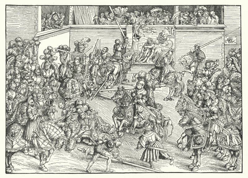 Das Turnier mit dem Wandteppich von Samson und dem Löwen von Lucas the Elder (after) Cranach