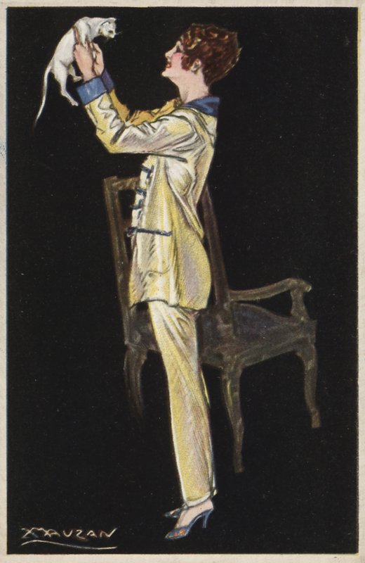 Mädchen im Pyjama mit weißer Katze von Luciano Achille Mauzan