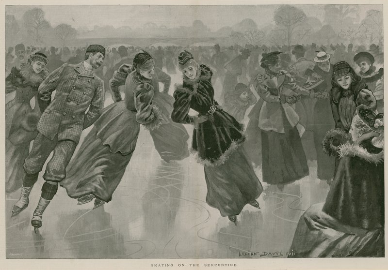 Schlittschuhlaufen auf der Serpentine, Hyde Park, London (Gravur) von Lucien Davis