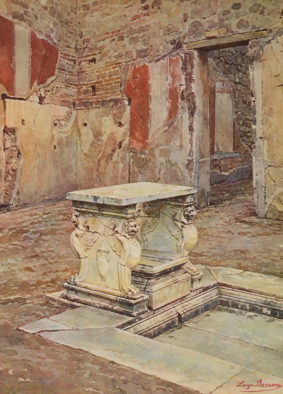 Pompeji: Hängender Balkonweg, Haus mit Impluvium und Marmortisch von Luigi Bazzani