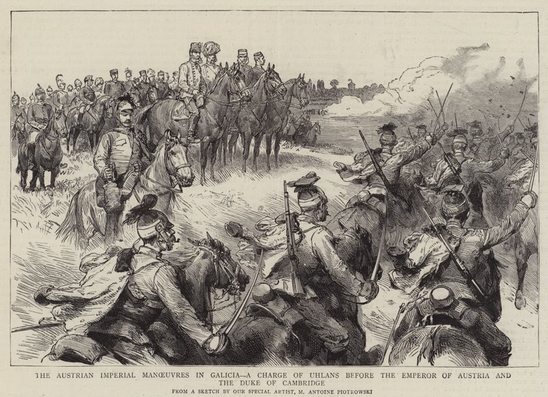 Die österreichischen Kaiserlichen Manöver in Galizien, ein Angriff der Ulanen vor dem Kaiser von Österreich und dem Herzog von Cambridge von Maksymiljan Antoni Piotrowski