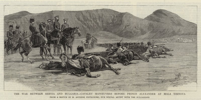 Der Krieg zwischen Serbien und Bulgarien, Kavalleriemanöver vor Prinz Alexander in Mala Tirnova von Maksymiljan Antoni Piotrowski