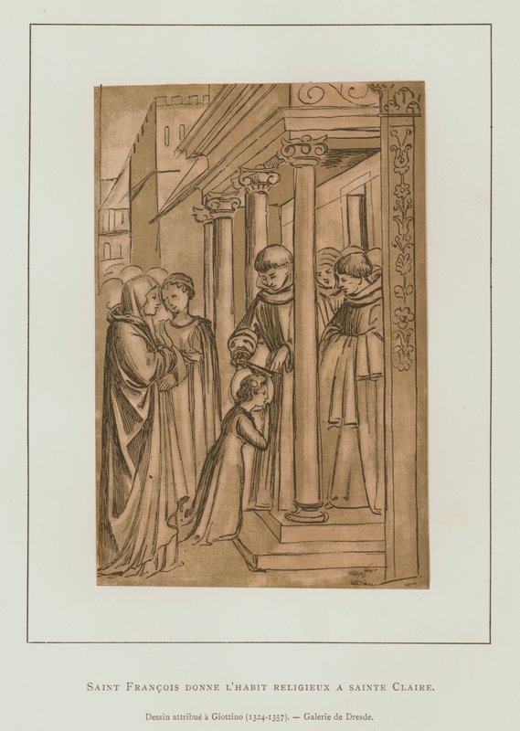 Der heilige Franziskus von Assisi schneidet dem heiligen Klara die Haare von Maso di Banco Giottino