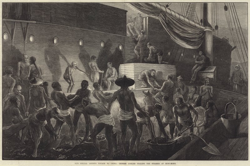 Die Reise unseres Sonderkünstlers nach China, chinesische Kulis beladen den Dampfer in Hongkong von Matthew White Ridley